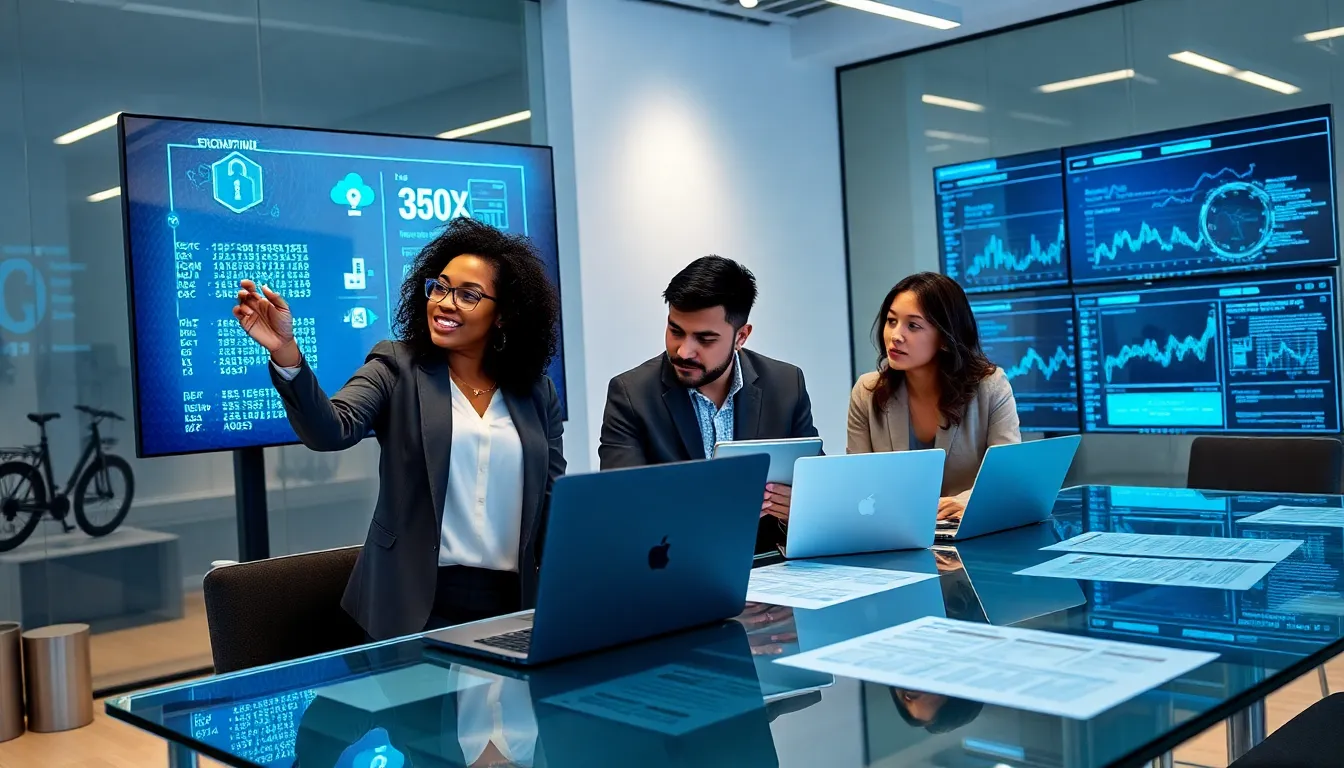 diverse professionals collaborating on digital asset encryption in a modern office.