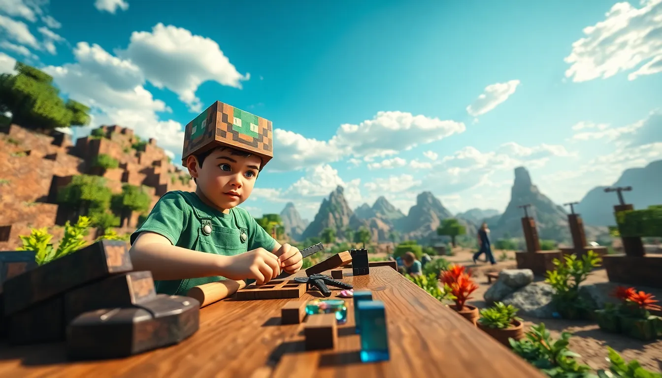 A player crafting tools in a lush Minecraft biome with friends.