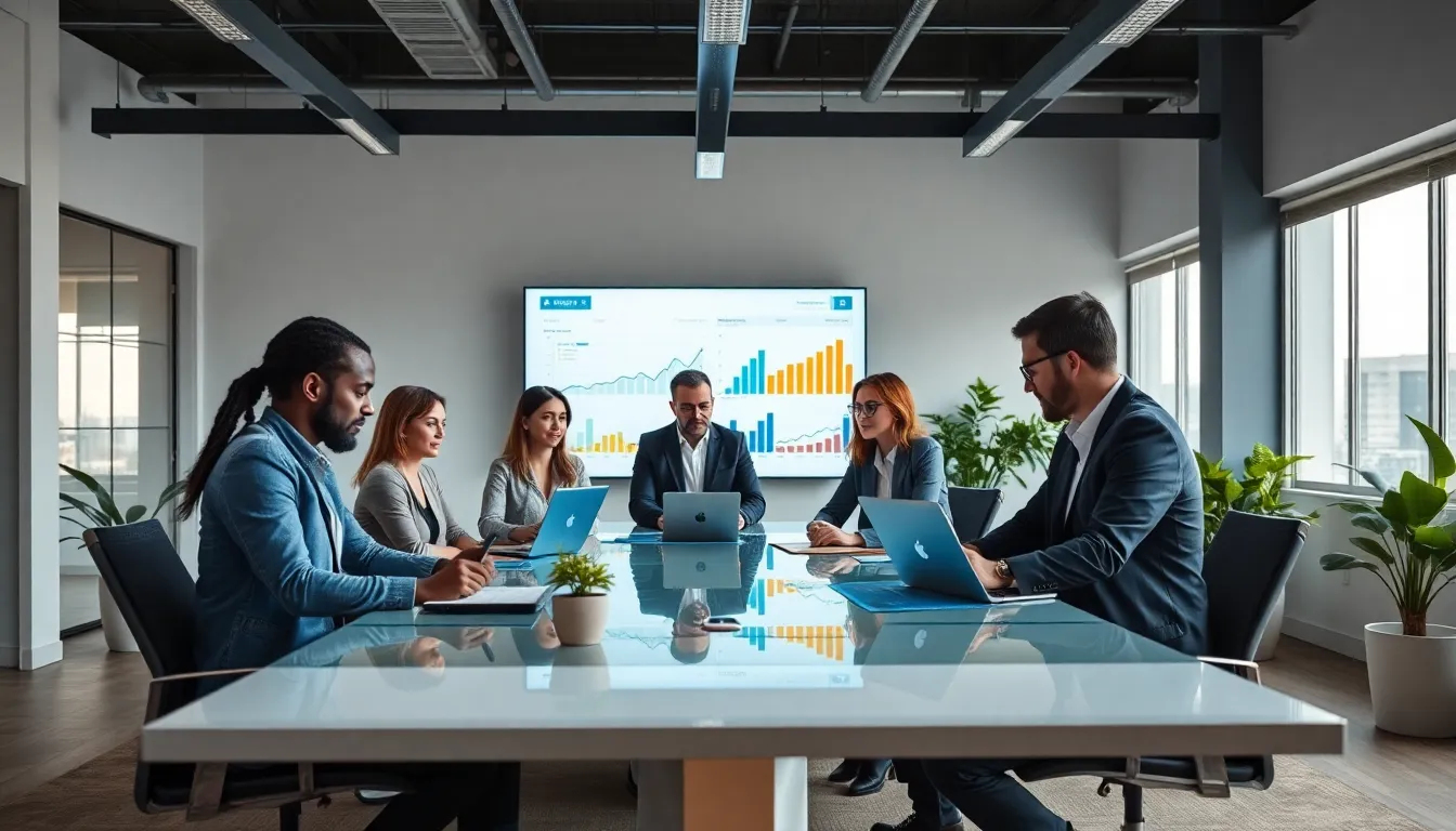 diverse team discussing energy management solutions in a modern office.