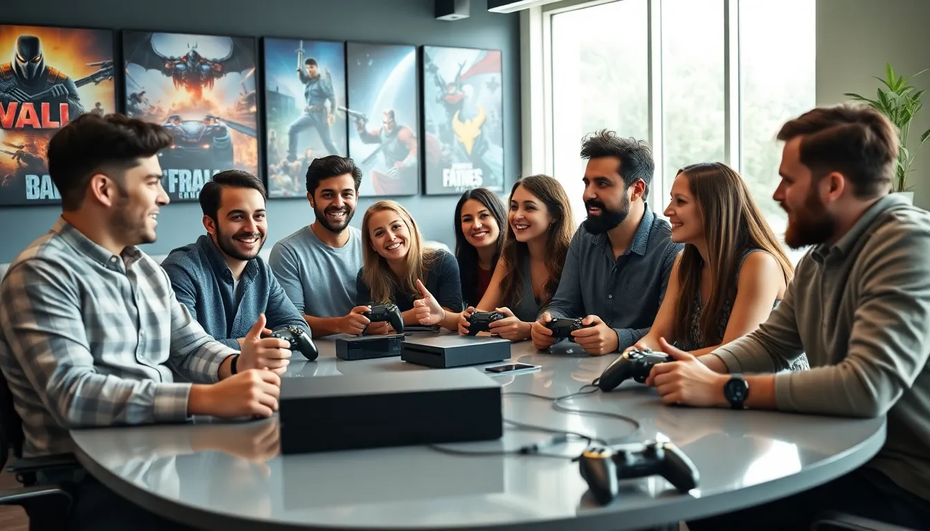 diverse gamers collaborating in a modern office setting.