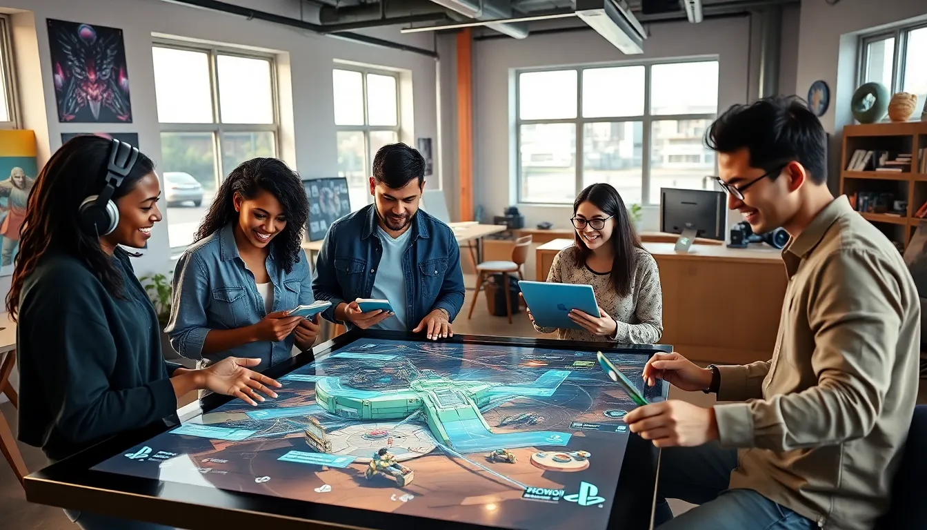 game developers collaborating on a PlayStation title in a bright studio.