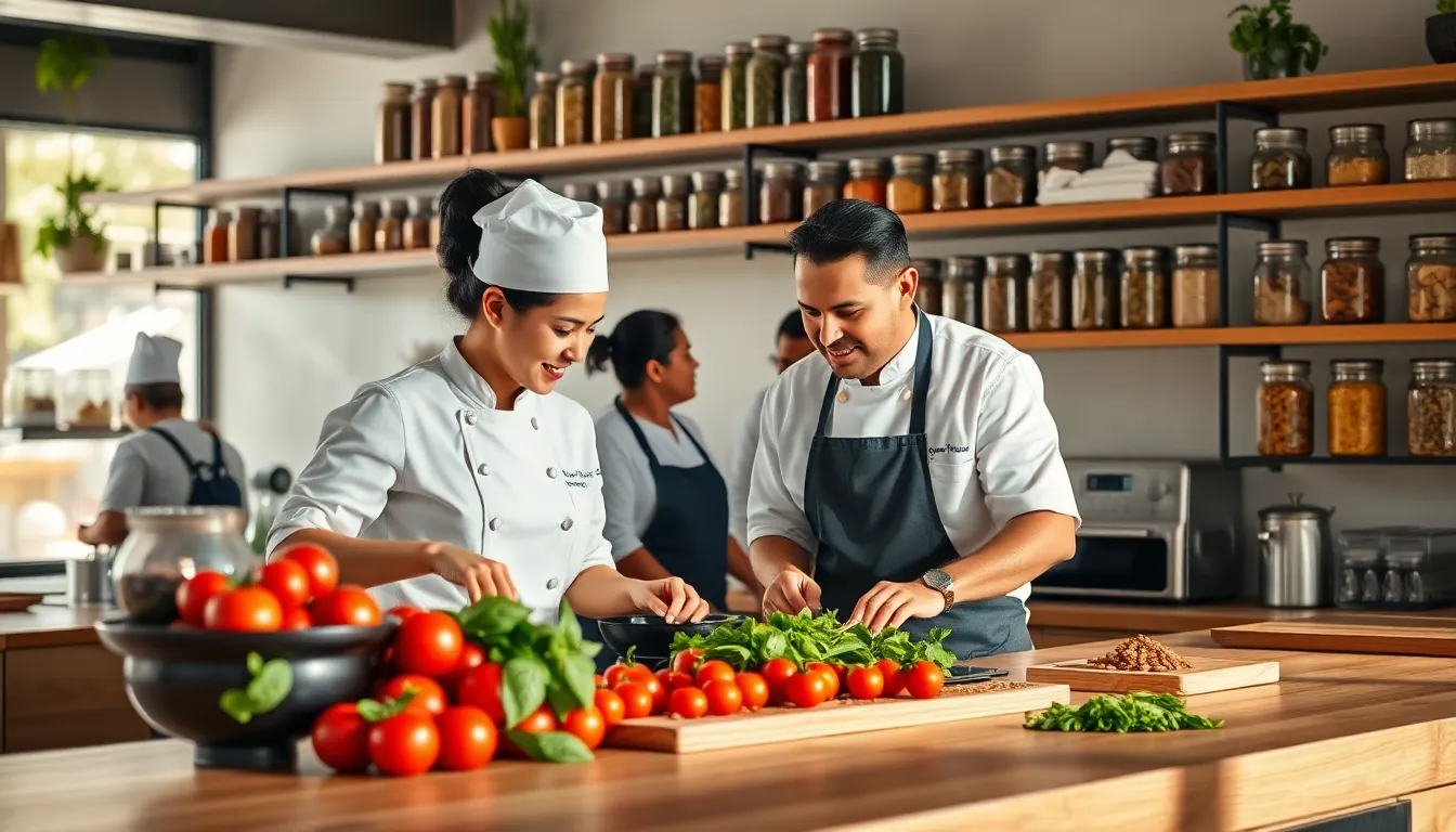 chefs collaborating in a modern kitchen with fresh ingredients.