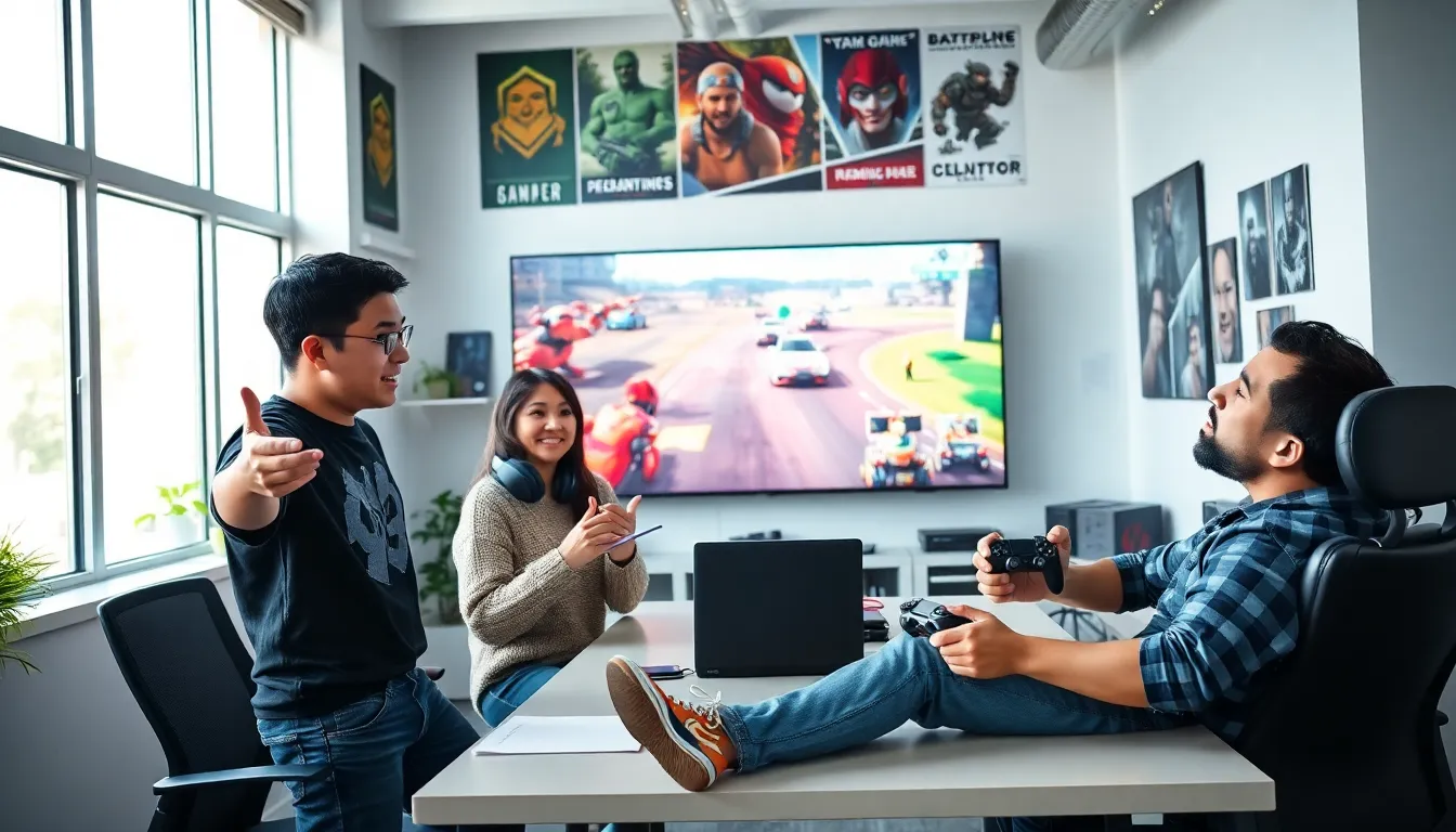 three gamers brainstorming ideas in a vibrant office space.