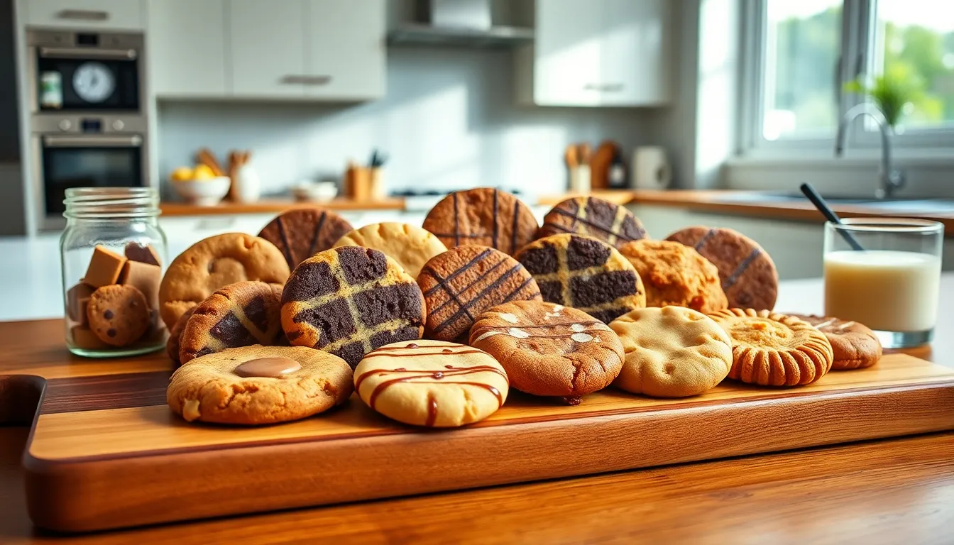 Variety of gourmet cookies displayed on a wooden board.