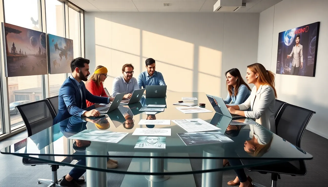 diverse team collaborating in a modern office for ImagineerGames.