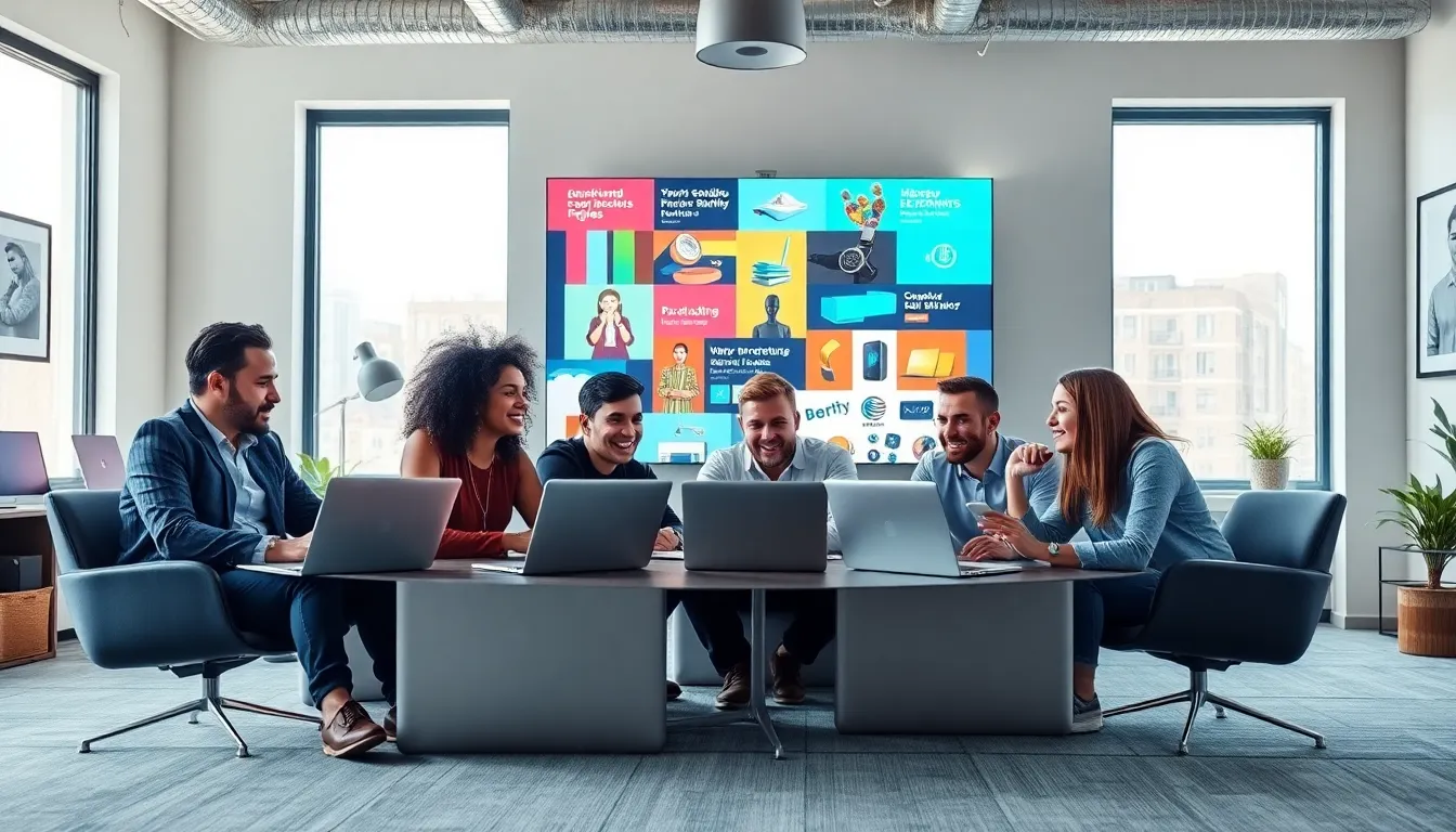diverse team collaborating in a modern digital workspace.