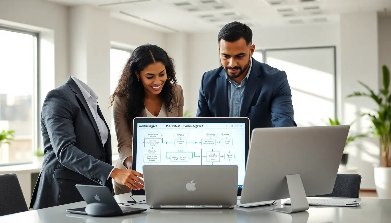 diverse team collaborating over legacy system solutions in a modern office.